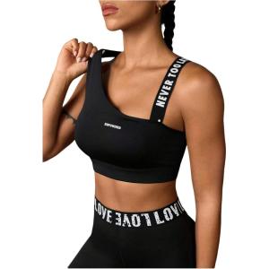 image:imageOYOANGLE Womens Letter Print Sports Bra Asymmetrical Neck Cut Out Medium Support Workout Yoga BrasBlack