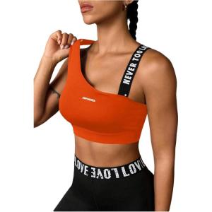 image:imageOYOANGLE Womens Letter Print Sports Bra Asymmetrical Neck Cut Out Medium Support Workout Yoga BrasOrange