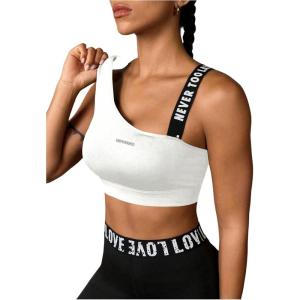 image:imageOYOANGLE Womens Letter Print Sports Bra Asymmetrical Neck Cut Out Medium Support Workout Yoga BrasWhite