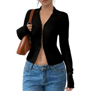 image:imageOYOANGLE Womens Long Sleeve Cutout Shirt Collar V Neck Ribbed Knit Split Hem Going Out TopsBlack