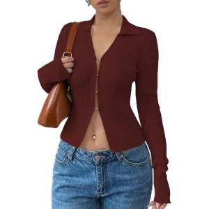 image:imageOYOANGLE Womens Long Sleeve Cutout Shirt Collar V Neck Ribbed Knit Split Hem Going Out TopsBurgundy