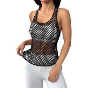 image:imageOYOANGLE Womens Mesh Racerback Workout Tank Top Hollow Out Scoop Neck Sleeveless Sports ShirtsBlack