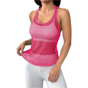 image:imageOYOANGLE Womens Mesh Racerback Workout Tank Top Hollow Out Scoop Neck Sleeveless Sports ShirtsHot Pink