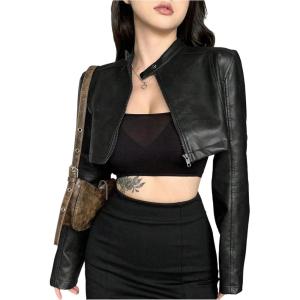 image:imageOYOANGLE Womens PU Leather Crop Jackets Zip Up Long Sleeve Motorcycle Punk Rock Jacket OutwearBlack