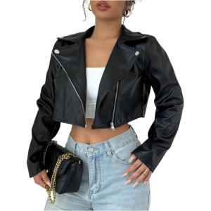 image:imageOYOANGLE Womens PU Leather Cropped Jacket Zip Up Motorcycle Jackets CoatBlack