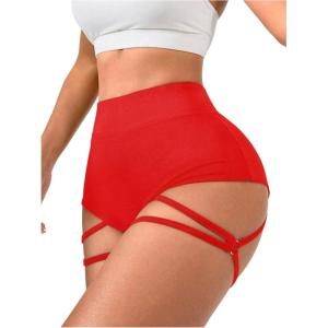 image:imageOYOANGLE Womens Ring Linked Cut Out High Waisted Biker Shorts Stretchy Rave Workout Athletic Gym ShortsRed
