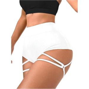 image:imageOYOANGLE Womens Ring Linked Cut Out High Waisted Biker Shorts Stretchy Rave Workout Athletic Gym ShortsWhite