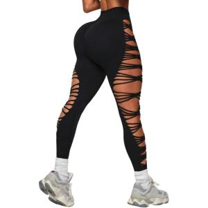 image:imageOYOANGLE Womens Sexy Ripped Leggings High Waist Seamless Workout Leggings Gym Elastic Tights Tummy Control Yoga PantsBlack