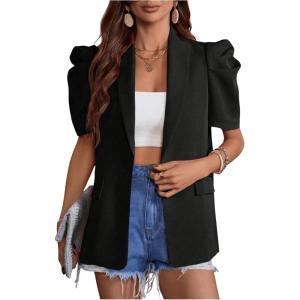image:imageOYOANGLE Womens Single Breasted Blazers Gigot Short Sleeve Lapel Neck Dressy Office JacketsBlack