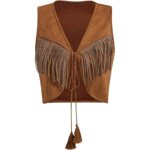 image:imageOYOANGLE Womens Studded Fringe Trim Tie Front Vest Top Boho Outfits 70s Hippie Western Cowgirl Sleeveless Jacket OuterwearBrown