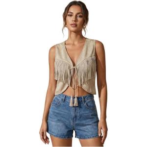 image:imageOYOANGLE Womens Studded Fringe Trim Tie Front Vest Top Boho Outfits 70s Hippie Western Cowgirl Sleeveless Jacket OuterwearKhaki