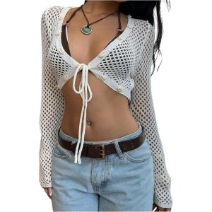 image:imageOYOANGLE Womens Tie Front Tops Conch Decor Crop V Neck Cardigan Bell Long Sleeve Hollow Out Cute Knit Crochet CardiganWhite