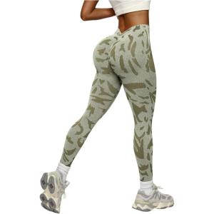 image:imageOYOANGLE Womens V Back Waist Yoga Leggings Printed High Waisted Scrunch Butt Lifting Seamless Casual LeggingsGreen