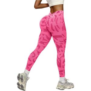image:imageOYOANGLE Womens V Back Waist Yoga Leggings Printed High Waisted Scrunch Butt Lifting Seamless Casual LeggingsHot Pink