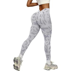 image:imageOYOANGLE Womens V Back Waist Yoga Leggings Printed High Waisted Scrunch Butt Lifting Seamless Casual LeggingsLight Grey