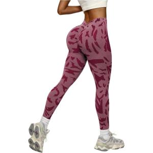 image:imageOYOANGLE Womens V Back Waist Yoga Leggings Printed High Waisted Scrunch Butt Lifting Seamless Casual LeggingsPink
