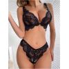 image:imageOYOANGLE Womens 2 Piece Lingerie Set Floral Lace Sheer Scallop Trim Bra and Low Rise Panty Set NightwearBlack