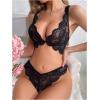 image:imageOYOANGLE Womens 2 Piece Lingerie Set Floral Lace Sheer Scallop Trim Bra and Low Rise Panty Set NightwearBlack