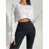 image:imageOYOANGLE Womens Cropped Workout Shirts Sheer Wrap Athletic Shirt Long Sleeve Crew Neck Fitness Gym TopsWhite