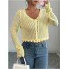 image:imageOYOANGLE Womens Hollow Out Crochet Cropped Cardigans Long Sleeve V Neck Button Down Knit TopsYellow