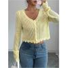 image:imageOYOANGLE Womens Hollow Out Crochet Cropped Cardigans Long Sleeve V Neck Button Down Knit TopsYellow