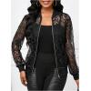 image:imageOYOANGLE Womens Lace Long Sleeve Bomber Jacket Stand Collar Sheer Zip Up Jackets OutwearBlack