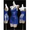 image:imageOYOANGLE Womens Sheer Lingerie Set V Neck Side Slit Chemise Nightgown and Thongs See Through SleepwearBlue