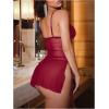 image:imageOYOANGLE Womens Sheer Lingerie Set V Neck Side Slit Chemise Nightgown and Thongs See Through SleepwearBurgundy