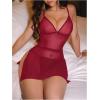 image:imageOYOANGLE Womens Sheer Lingerie Set V Neck Side Slit Chemise Nightgown and Thongs See Through SleepwearBurgundy