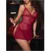 image:imageOYOANGLE Womens Sheer Lingerie Set V Neck Side Slit Chemise Nightgown and Thongs See Through SleepwearBurgundy