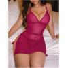 image:imageOYOANGLE Womens Sheer Lingerie Set V Neck Side Slit Chemise Nightgown and Thongs See Through SleepwearHot Pink