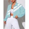 image:imageOYOANGLE Womens Zip Up Cropped Running Jackets Color Block Drawstring Sports Coat Long Sleeve Light OuterwearBlue