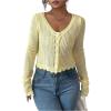image:imageOYOANGLE Womens Hollow Out Crochet Cropped Cardigans Long Sleeve V Neck Button Down Knit TopsYellow