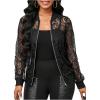 image:imageOYOANGLE Womens Lace Long Sleeve Bomber Jacket Stand Collar Sheer Zip Up Jackets OutwearBlack