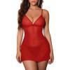 image:imageOYOANGLE Womens Sheer Lingerie Set V Neck Side Slit Chemise Nightgown and Thongs See Through SleepwearRed