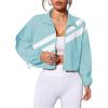 image:imageOYOANGLE Womens Zip Up Cropped Running Jackets Color Block Drawstring Sports Coat Long Sleeve Light OuterwearBlue