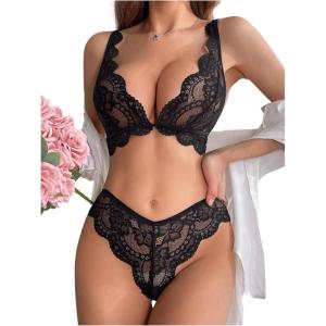 image:imageOYOANGLE Womens 2 Piece Lingerie Set Floral Lace Sheer Scallop Trim Bra and Low Rise Panty Set NightwearBlack
