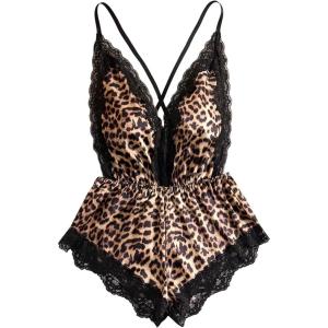 image:imageOYOANGLE Womens Cheetah Print Satin Lingerie Bodysuits Leopard Lace Trim Criss Cross Teddy BabydollsBrown