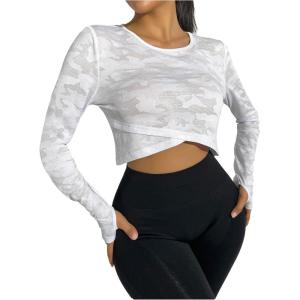 image:imageOYOANGLE Womens Cropped Workout Shirts Sheer Wrap Athletic Shirt Long Sleeve Crew Neck Fitness Gym TopsWhite
