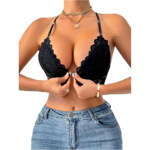 image:imageOYOANGLE Womens Lace Front Closure Underwire Bra Rhinestone Shiny Halter Bralette Non Padded BrasBlack
