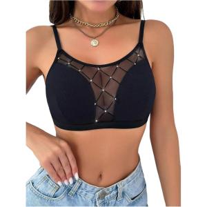 image:imageOYOANGLE Womens Rhinestone Mesh Seamless Bras Wireless Bralette Comfortable Low Back Sexy BrasBlack