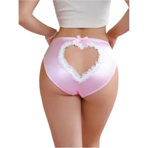 image:imageOYOANGLE Womens Satin Panties Lace Trim Cut Out Briefs Mid Rise Cute UnderwearPink
