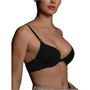 image:imageOYOANGLE Womens Wireless Seamless Deep V Demi Bra Sexy Front Closure Thin Seamless Bralette Light Shaping BrasBlack