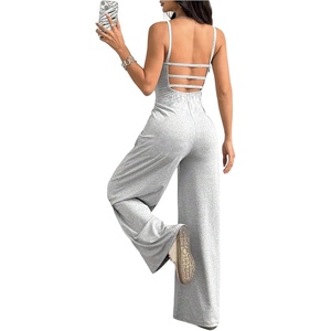 image:imageOYOANGLE Womens Strappy Backless Jumpsuits Wide Leg Sleeveless One Piece Summer Outfits Rompers OverallsLight Grey