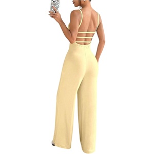 image:imageOYOANGLE Womens Strappy Backless Jumpsuits Wide Leg Sleeveless One Piece Summer Outfits Rompers OverallsLight Yellow